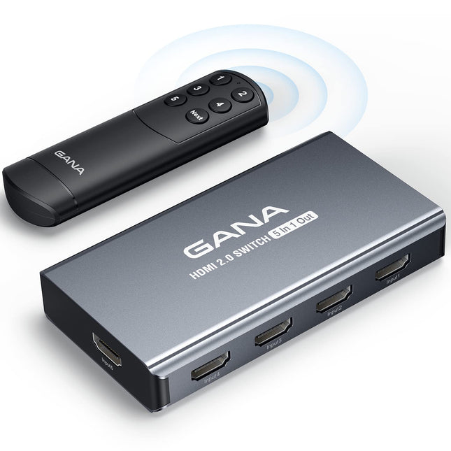 HDMI jaotur 5 sisendit, 1 väljund 4K @ 60Hz, GANA HD MI lüliti puldiga, ühildub PS5/4/3 Xbox Switchi, Roku TV ja Fire Stickiga