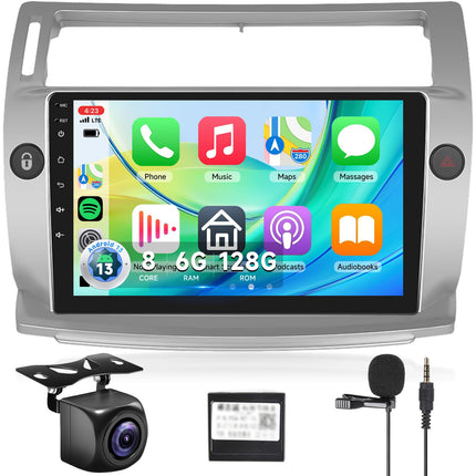 【8 tuumalist 6+128G】 Hodozzy Carplay autoraadio Citroën C4 2004-2009/C-QUATRE 2008-2011 jaoks, Android autoraadio navigatsiooniga, 9-tolline puuteekraan Android Auto/peegliühenduse/WiFi/GPS/RDS/FM/Bluetooth/USB/DSP-ga