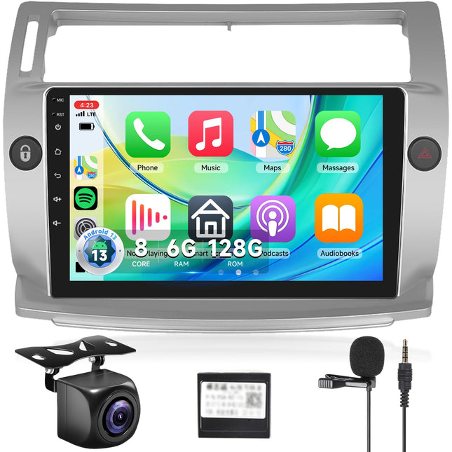 【8 tuumalist 6+128G】 Hodozzy Carplay autoraadio Citroën C4 2004-2009/C-QUATRE 2008-2011 jaoks, Android autoraadio navigatsiooniga, 9-tolline puuteekraan Android Auto/peegliühenduse/WiFi/GPS/RDS/FM/Bluetooth/USB/DSP-ga