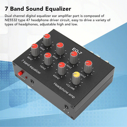 7 Band Car Audio Equalizer, Digital Two-Channel Equalizer, 3.5 mm interface, Input impedance of 20 K, Output input