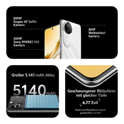 VIVO V50e 5G nutitelefon, 8G+256G, 6,77” võrdse sügavusega neljakordne kumer ekraan, 120Hz värskendussagedus, 50MP esi- ja tagakaamera, Aura Light, 5140mAh aku, 90W kiirlaadimine, IP68 ja IP69
