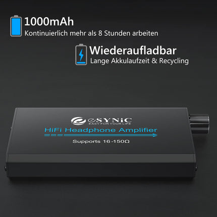 eSynic HiFi kõrvaklapivõimendi – 16-150Ω minikõrvaklapivõimendi, helivõimendi, 3,5 mm AUX-sisend, 1000mAh aku, kaasaskantav, alumiiniumkorpus, MP3, MP4, nutitelefoni ja arvuti jaoks