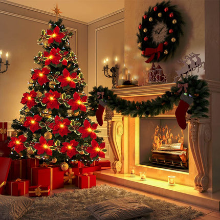 Poinsettia Christmas Wreath, Artificial Christmas Wreaths, Christmas Decoration, with Battery-Operated LED Lights, Indoor and Outdoor, American Party Decoration (3m + 20 Lights)