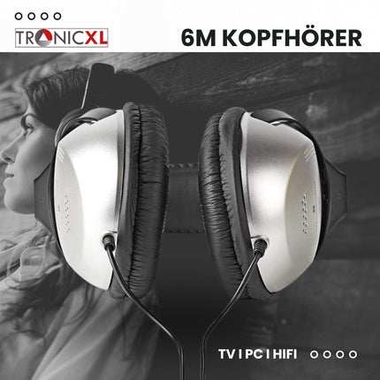 TronicXL TV kõrvaklapid kõrvaklapid peavõruga stereo 6m pikkused kaabeltelevisiooni televisioon, mis ühildub Sony, LG, Panasonic, Grundig, Samsung, Philips, Toshiba, Hisense, Medion kronsteiniga seenioride abistamiseks mõeldud televiisor