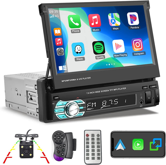 Hikity Carplay autoraadio ekraaniga 7-tolline autoraadio Bluetooth käed-vabad süsteem tahavaatekaameraga 1Din manuaalne pikendatav ekraan puutetundlik autoraadio FM USB AUX TF Mirrorlink