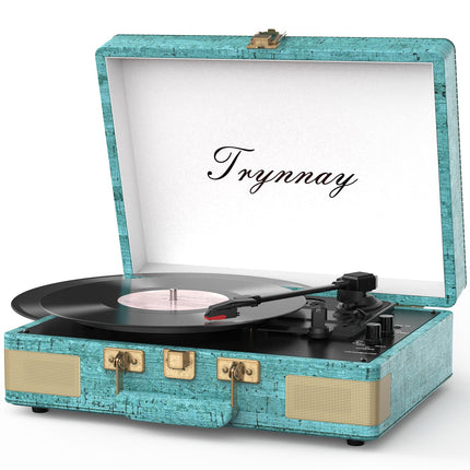 Trynnay Record Player 3-Speed ​​Bluetooth, Portable Suitcase Vinyl Player with Built-in Speakers, Record Player, Enhanced Audio Sound, Waxed Leather Retro Blue