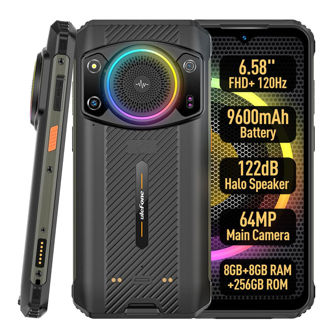 Ulefone ARMOR 21 Android 13 Outdoor Smartphone Unlocked, Infinite Halo, 122dB Loudest Speaker, 9600mAh Battery, 64MP+24MP, 16GB+256GB, 6.58" FHD+120Hz, IP68 IP69K Smartphone, 3 Card Slots, NFC