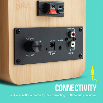JAM Bluetooth-riiulikõlarid – aktiivkõlarid RCA ja AUX sisenditega, rikkalik heli, Bluetooth 5.0 ühenduvus, 4-tolline basskõlar, plaadimängijaga ühilduv, puit