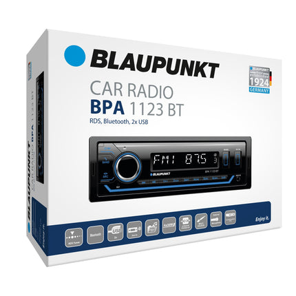 Blaupunkt BPA 1123 BT, 1-DIN autoraadio, FM-RDS, Bluetooth, käed-vabad süsteem, 2xUSB, Aux-sisend, subwoofer-väljund, mitmevärviline, 200 W