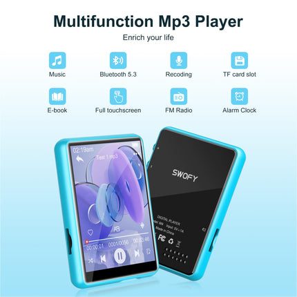 SWOFY 64GB MP3-mängija Bluetooth 5.3, 2.4-tolline puutetundlik mini MP3 MP4-mängija kaasaskantav, HiFi muusikapleier lastele kõlariga FM-raadio, toetab kuni 128 GB (sinine)