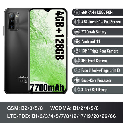 Ulefone Note 12 mobiiltelefon (2023) 7700mAh suur aku 128GB ROM/SD-128GB 6,82-tolline HD+ Android 11 nutitelefon ilma lepinguta, 13MP põhikaamera 3 kaardipesa 4G kahe SIM-kaardiga mobiiltelefon OTG - (must)