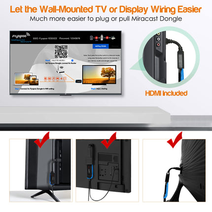 FIYAPOO juhtmevaba HDMI Miracasti adapter voogedastuseks, WiFi Miracasti adapter 4K iPhone'ile/iPadile/Androidile/iOS-ile/Windowsile/Macile sülearvutile, PC HD Fire Stick telerile/monitorile/projektorile (toetab Miracasti, DLNA-d, Airplayd)