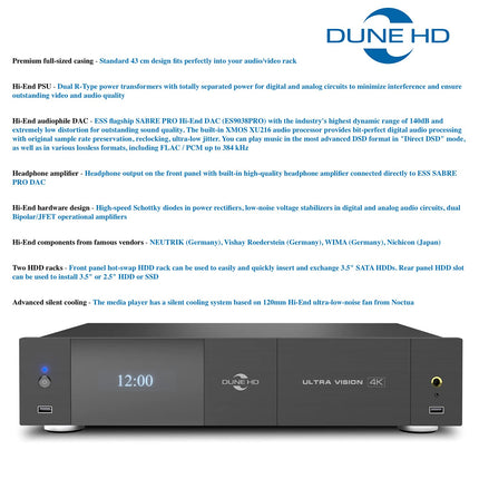 Dune HD Ultra Vision 4K | Dolby Vision | HDR 10+ | UltraHD | Tipptasemel täismõõdus meediapleier ja Androidi nutiteleri karp | RTD1619DR | ES9038PRO DAC, 2x kõvaketta riiul, WiFi, BT, MKV, H.265, 4Kp60