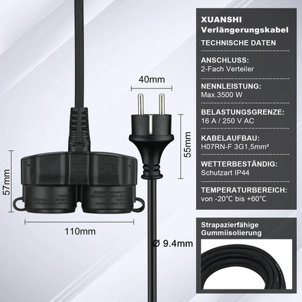 Välistingimustes kasutatav pikendusjuhe 5m, kummist pikendusjuhe Schuko pistikuga, IP44 pikendusjuhe H07RN-F 3G1,5 mm² kaabel, kaitsekorgiga, 3500W, 16A 250V, must