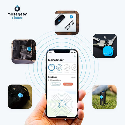 MuseGeari võtmeleidja Bluetooth-rakendusega Saksamaalt tumesinises nahkümbrises I Finder helesinine I iOS-ile ja Androidile I Find võtmed