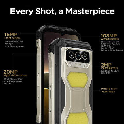 DOOGEE V MAX S 5G Outdoor Smartphone-22000mAh/33W, Android 14 Mobile Phone Without Contract 24GB+256GB, 6.58" FHD+120Hz Construction Site Phone, 108MP+20MP+16MP+2MP, Dual Camping Lights/Face ID/Fingerprint Recognition