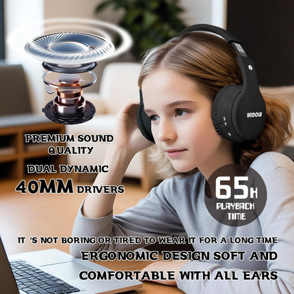 MIDOLA Soskakiist Volume Limited 85dB laste kõrvaklapid, Bluetooth juhtmevabad kokkupandavad stereo mürasummutavad kõrvaklapid AUX 3.5mm pistikuga poistele, tüdrukutele, lastele, iPadidele, tahvelarvutitele, teleritele (mustad)