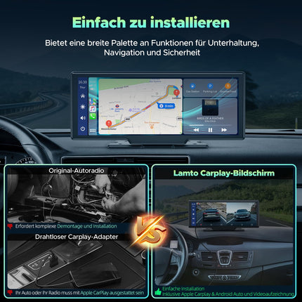 LAMTTO juhtmevaba CarPlay Android Auto, 9,26-tolline kaasaskantav autostereo 2.5K+1080P armatuurlauaga ees ja taga, CarPlay ekraan autole 64G TF, Bluetooth, navigatsioon, Mirror Link, Siri/G00gle, AUX/FM
