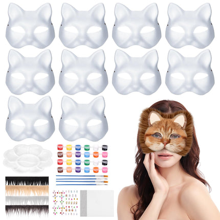 Starvortex 10 Piece Cat Mask, DIY Cat Mask Set with Acrylic Paints and Faux Fur, Therian Mask, Cat Masks to Paint, Cat Mask for Halloween, Masked Ball, Cosplay, Masks to Paint for Children