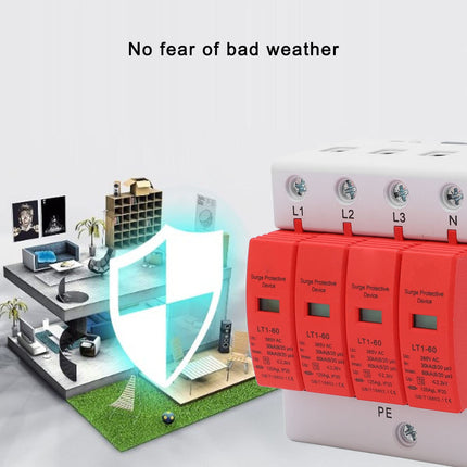 PV Surge Protector AC 385V 30-60KA 4P DIN Rail Lightning Protection Voltage Protection Arrester Protection T2 Surge Arrester for Photovoltaic Solar and Power Supply