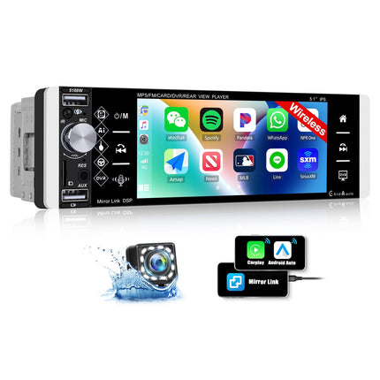 Wireless Carplay CAMECHO Car Radio 1 Din with Bluetooth Handsfree System, with 5.1 inch Screen Wireless Android Auto Mirror Link FM/AM/RDS and USB + Steering Wheel Controller Rear View Camera