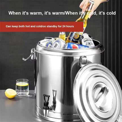 Insulated stainless steel beverage dispenser, keeps drinks hot or cold, commercial thermal bucket for coffee, tea, water, ideal for catering or events