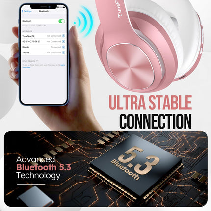 TuneFlux Bluetooth kõrvaklapid, 80 tundi aku tööiga, juhtmevabad Bluetooth kõrvaklapid 3 ekvalaiseri režiimiga, HiFi stereo, sisseehitatud mikrofon, kokkupandavad juhtmevabad kõrvaklapid - roosakuldne