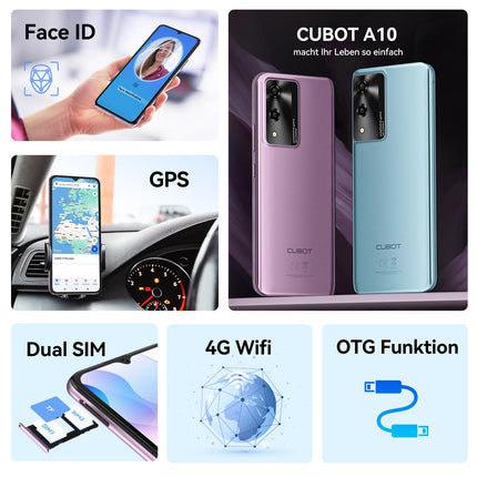 CUBOT A10 mobiiltelefon ilma lepinguta, 12 GB + 128 GB / 1 TB laiendatav, Android 14 nutitelefon, 6,56-tolline ekraan, 5100 mAh aku, 48 MP põhikaamera, kaheksatuumaline protsessor, kahekordne 4G SIM-kaart, OTG, Face ID, GPS, sinine