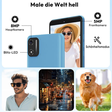 XGODY nutitelefon ilma lepinguta, 5,5-tolline odav nutitelefon 2GB+16GB 128GB laiendatav kaheksatuumaline Android 14 mobiiltelefon, kahe SIM-kaardi ja kahe ooterežiimiga, 8MP+5MP kaamera, Face ID GPS 4G mobiiltelefon (sinine)