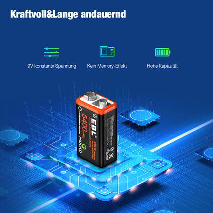 EBL 9V Rechargeable Batteries - USB Rechargeable Batteries 1.5V 5400 mWh, Micro Charging Cable - Fast Charge in 2 Hours (4-Pack)