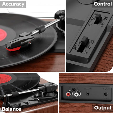 Record Player, FYDEE Vinyl Record Player Bluetooth Record Player Vintage Turntable with Built-in Stereo Speaker and 3-Speed ​​33/45/78 RPM, RCA Output, AUX Input - Walnut