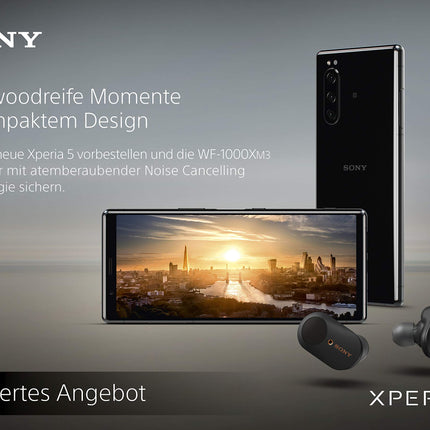 Sony Xperia 5 komplekt, 6,1-tolline FHD+ HDR OLED 21:9 ekraan, 6 GB muutmälu, 128 GB salvestusruumi, must + WF-1000XM3 tõeliselt juhtmevabad mürasummutavad kõrvaklapid, mustad