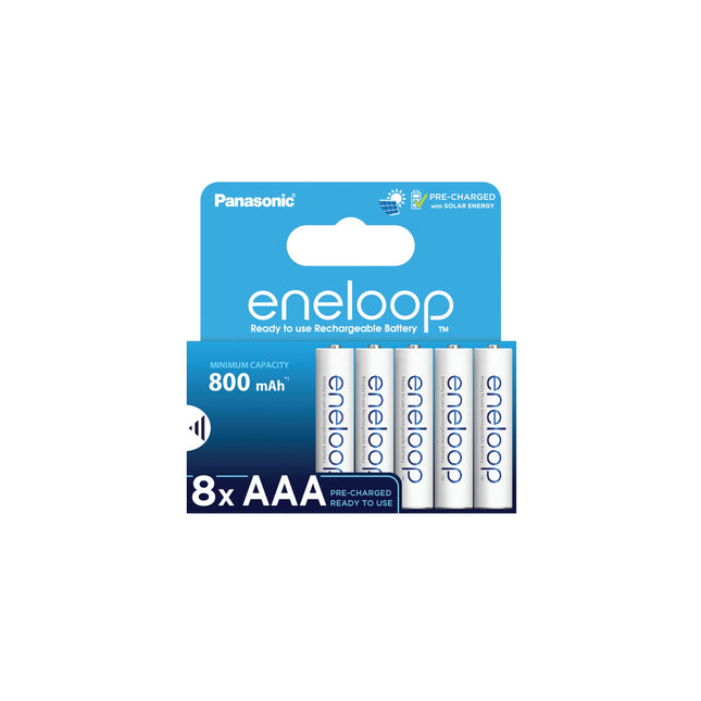 eneloop, AAA/Micro NI-MH battery, 8-pack, capacity with min. 800 mAh, ready-to-use NI-MH batteries, rechargeable up to 2000 times, plastic-free packaging, standard, white