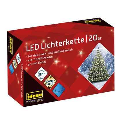 Idena 8325052 - LED light chain with 20 LEDs in warm white, with 8-hour timer function and transformer, approx. 3.9 m long, decoration for indoor &amp; outdoor use, as party decoration, Christmas decoration, for weddings