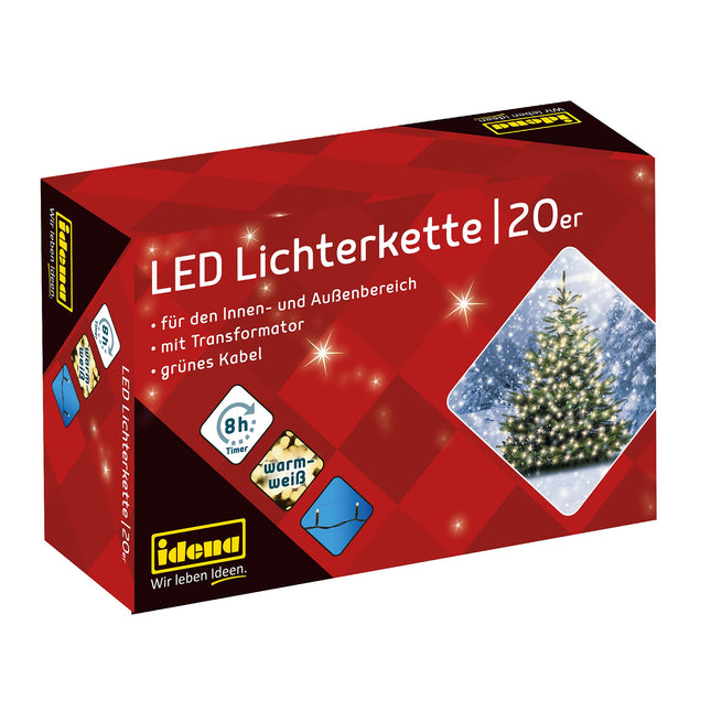 Idena 8325052 - LED light chain with 20 LEDs in warm white, with 8-hour timer function and transformer, approx. 3.9 m long, decoration for indoor &amp; outdoor use, as party decoration, Christmas decoration, for weddings