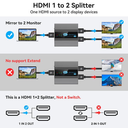 VEDINDUST HDMI jaotur 1 sisend 2 väljundit 8K60Hz 4K120Hz HDMI 2.1 jaotur toetab EDID HDCP2.3 Xboxi, PS4, PS5, Roku Blu-Ray mängija Firestick HDTV jaoks