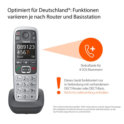 Gigaset E560HX - DECT-telefonitoru laadimisalusega - Fritzbox-ühilduv - Juhtmeta seenioride telefon ruuteri ja DECT-aluse jaoks - Hädaabikõne 4 numbriga, hõbedane [Saksa versioon] [Ilma aluseta]