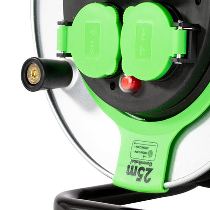 REV EX cable reel, 25m, H05RR, IP44, 3000W, with sliding contact, outdoor cable reel, 4 sockets, green