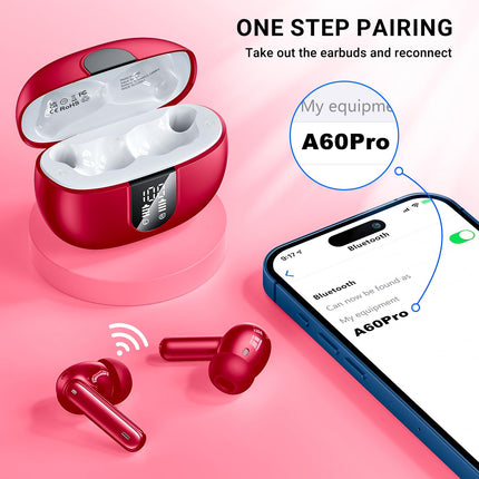 Bluetooth-kõrvaklapid, juhtmevabad Bluetooth 5.3 spordikõrvaklapid 4 ENC-mikrofoniga, basstereo ja 42-tunnine mänguaeg, IPX7 veekindlad kõrvaklapid, LED-akunäidik, ühildub iOS-i ja Androidiga, punane