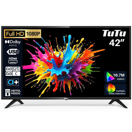 TuTu TV 42-tolline (106 cm) Full HD LED-teler Kolmekordse tuuneriga (DVB-T/T2-CS/S2) HDMI USB CI/CI+ Hotellirežiimi USB-meediapleier (2023)