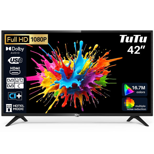 TuTu TV 42-tolline (106 cm) Full HD LED-teler Kolmekordse tuuneriga (DVB-T/T2-CS/S2) HDMI USB CI/CI+ Hotellirežiimi USB-meediapleier (2023)