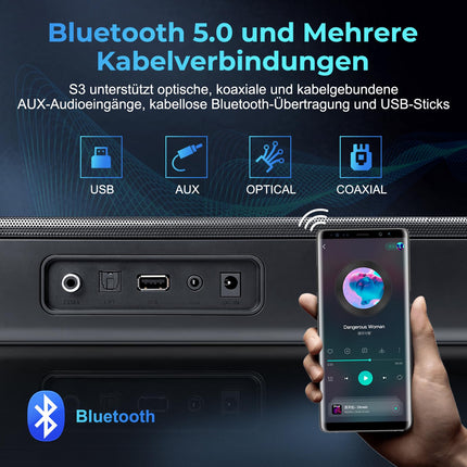 OXS S3 heliriba telerile, kodukino heli Bluetooth 5.0-ga, dünaamiline bass, 3D ruumiline heli, dialoogi võimendamine, AUX/optiline/koaksiaalühendus, mitu helirežiimi, seinale paigaldatav