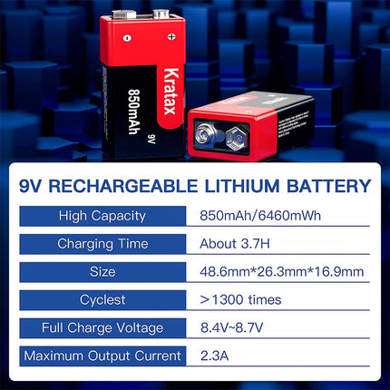 Kratax 9V Block 850 mAh Rechargeable Lithium-ion Batteries. [4 Pack] Suitable for multimeters, alarm systems, walkie-talkies, etc.
