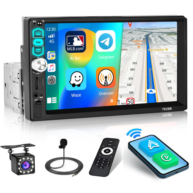 Inefala 1 DIN autoraadio Carplay ja Android Auto funktsioonidega, 7-tolline puutetundlik ekraan Bluetoothi, Mirror Linki, FM, AUX/TF/USB, SWC, ekvalaiseri ja tahavaatekaameraga