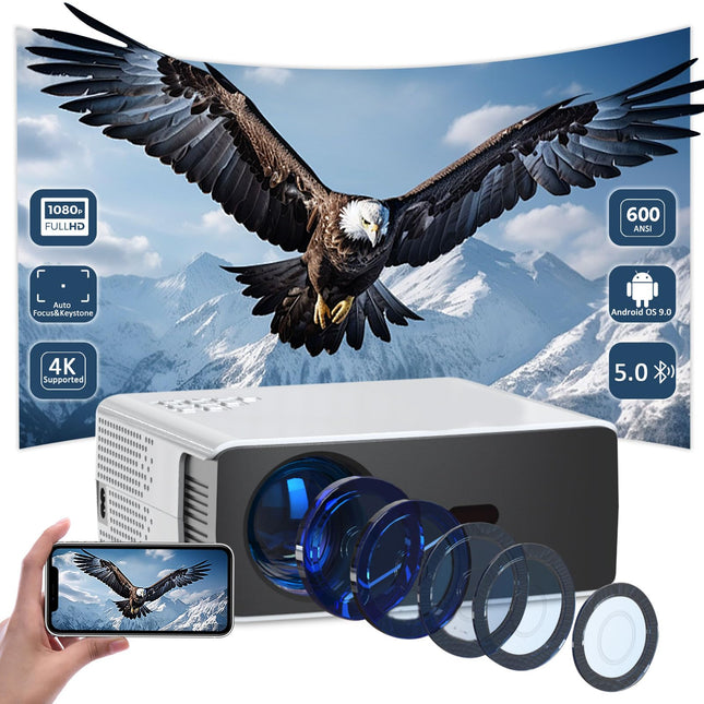 Smart Beamer 4K [Elektrischer Fokus und Auto Keystone] Heimkino mit Apps,Full HD 1080P Beamer mit WiFi5 Projektor,20000 Lumen Outdoor Heimkino Kompatibel mit TV Stick/HDMI/USB/AV/Laptop/iPhone/Android