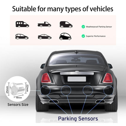Wireless Parking Aid Kit, Reversing Radar System with 4 PDC Sensors, Wireless LED Distance Display with Acoustic Warning + 4 White Color Rear Parking Aid for Cars Vans RV Trailers