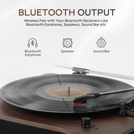 Retrospiler Record Player, Bluetooth Input and Output Turntable with Built-in Speakers, FM Radio, Vinyl MP3 Recording, USB and SD Playback, LED Screen, Walnut