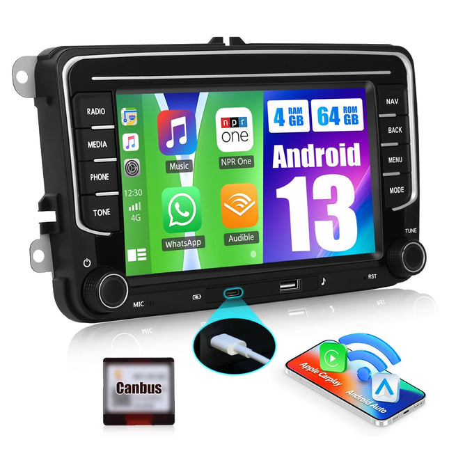 [4+64G] SIXWIN Android 13 autoraadio CarPlay/Android Auto/peegliühendusega VW Golf 5, Golf 6, Skoda Polo, Passat Tiguan Touranile, 7-tolline HD puuteekraan, toetab WiFi, GPS, Bluetooth 5.0, FM/RDS 32EQ