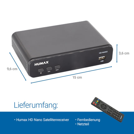 Humax Digital HD Nano Digital HD Satellite Receiver 1080P Digital HDTV Satellite Receiver with 12V Power Supply Camping - Astra pre-installed - HDMI, SCART, DVB-S/S2, without HDMI cable