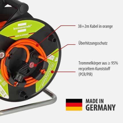Brennenstuhl Garant G Bretec IP44 garden cable reel with recycled plastic components (with 38+2m orange cable, special plastic, short-term outdoor use, Made in Germany)